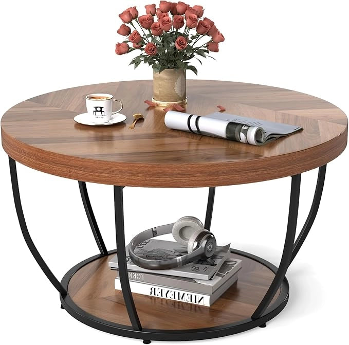 Tavolino da Caffè Rotondo a 2 Ripiani, Tavolo da Salotto in Legno con Struttura in Metallo, Tavolino Soggiorno Industriale con Piedini Regolabili, 80 x 80 x 45 cm (Moderno)