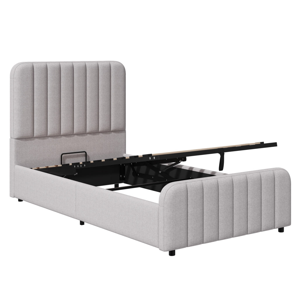 Letto singolo imbottito 90x200 cm con contenitore; rete inclusa; grigio in lino