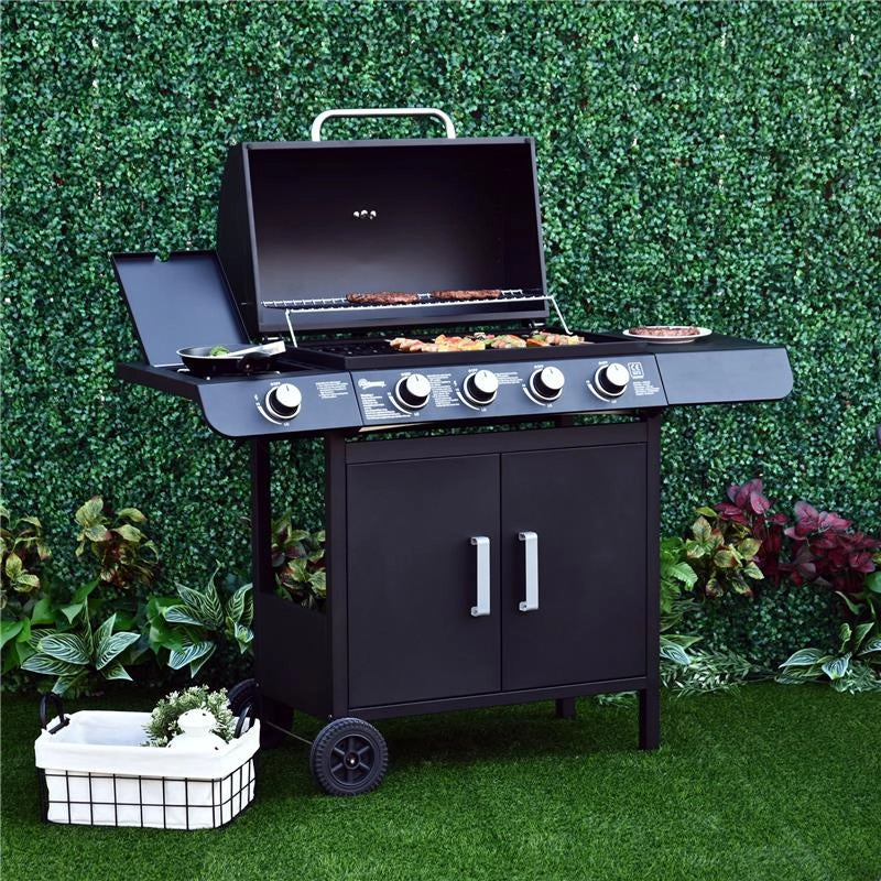 BARBECUE A GAS A 5 FORNELLI CON RIPIANI LATERALI E ARMADIETTO IN ACCIAIO E PP 125X51X100 CM NERO