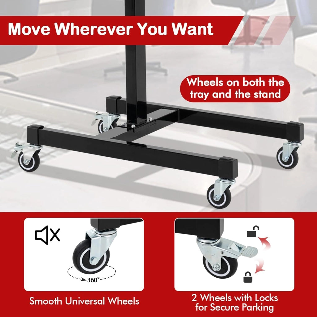 Carrello per officina, carrello girevole a 360°, altezza regolabile 80-130 cm, carico massimo 60 kg, grande vassoio rimovibile 73,5 x 46 cm, per garage, officina, soggiorno, casa, nero