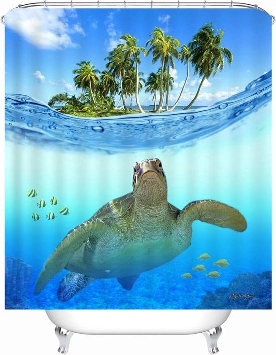 Gordino da Bagno Stile Mare con Motivo di Spiaggia - Impermeabile e Resistente ai Funghi - Incluso 12 Anelli - 180 x 200 cm