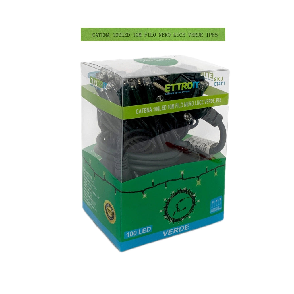 catena luminosa 100 led 10 metri filo nero luce verde ip65 /ET4111 - ETTROIT