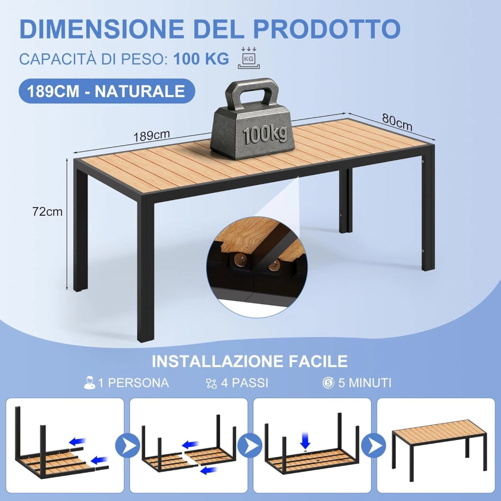 Tavolo da Giardino HDPS Resistente alle Intemperie, 189 x 80 x 74 cm Tavolino da Esterno Finitura a Vena di Legno e Facile da Manutenzionare, Tavolo da Pranzo Esterno per 6 a 8 Persone,Naturale