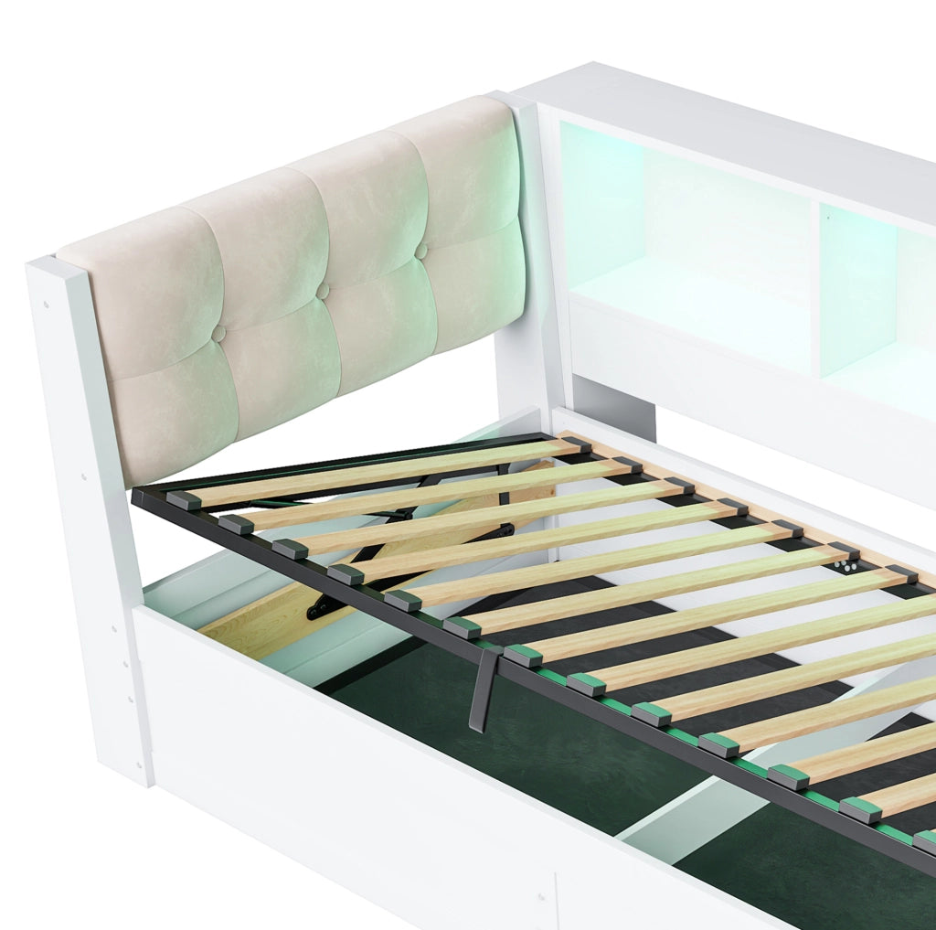 Letto contenitore 209x113.8x80.6 cm con alzata idraulica; LED e USB in legno di pino e MDF bianco