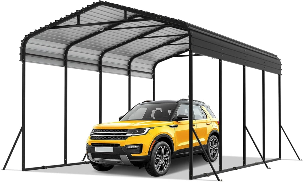 Tettoia per auto in metallo, 300 x 450 cm, con tetto a punta in lamiera trapezoidale, stabile, riparo auto, protezione solare e resistente alle intemperie