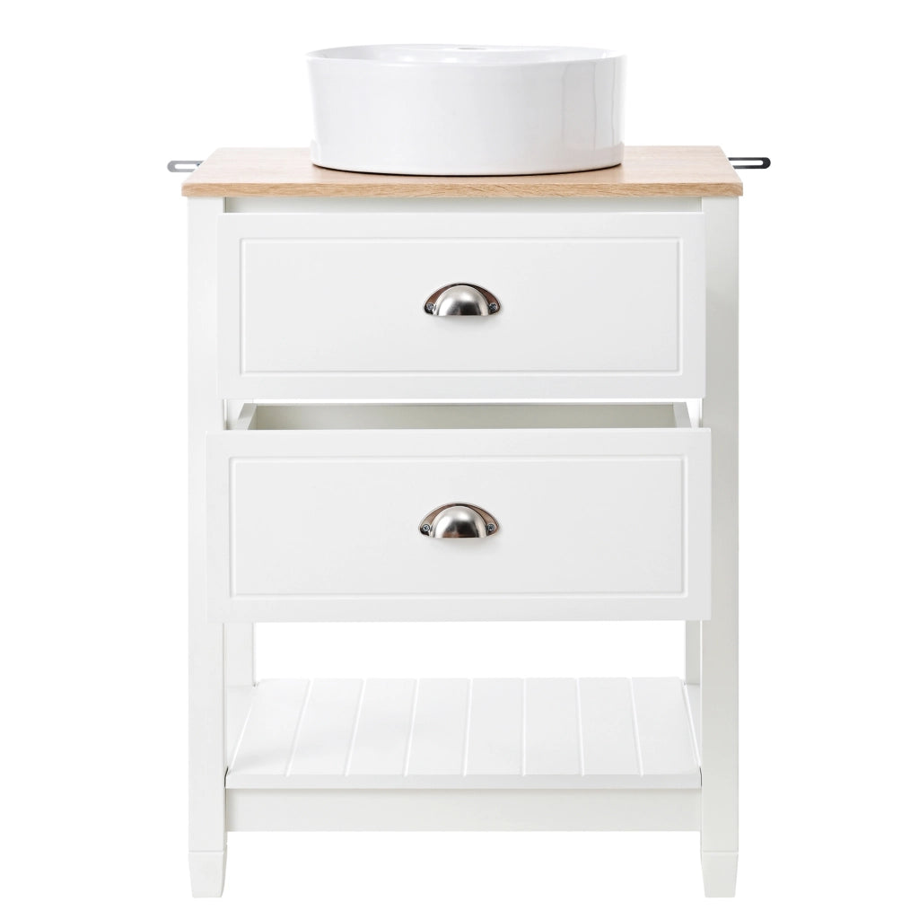 Mobile sottolavabo con 2 cassetti e vano aperto; per bagno; in MDF; bianco e legno
