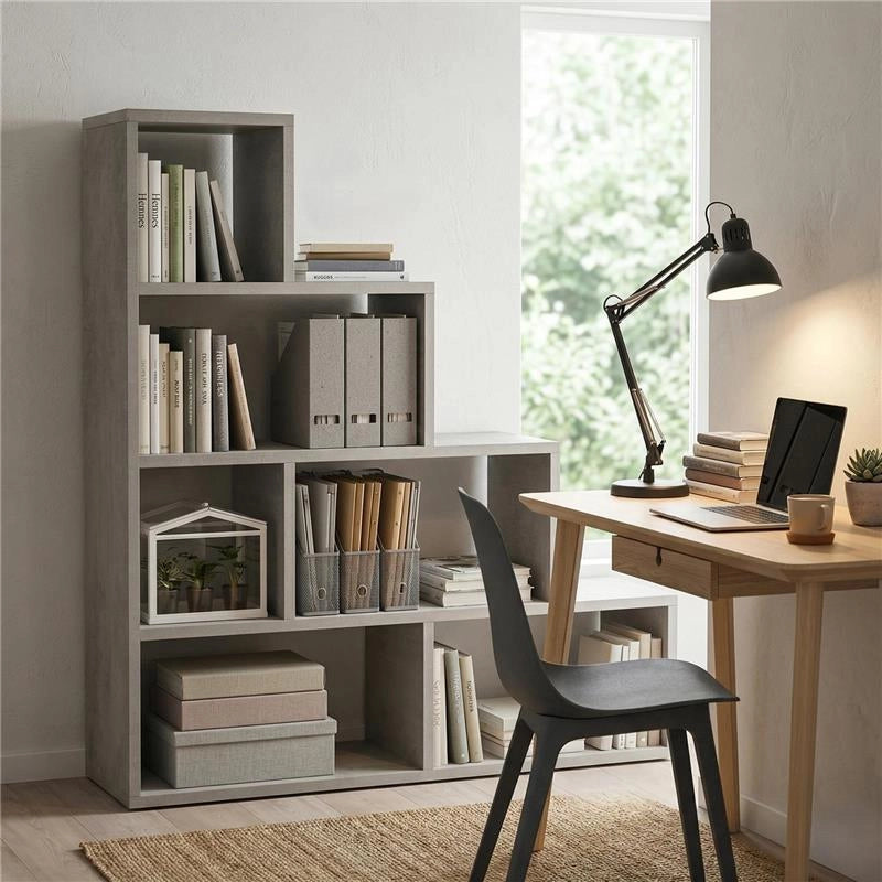 SCAFFALE A LIBRERIA DI DESIGN A SCALA L IN LEGNO DIMENSIONI 144X150X38 CM, COLORE CEMENTO