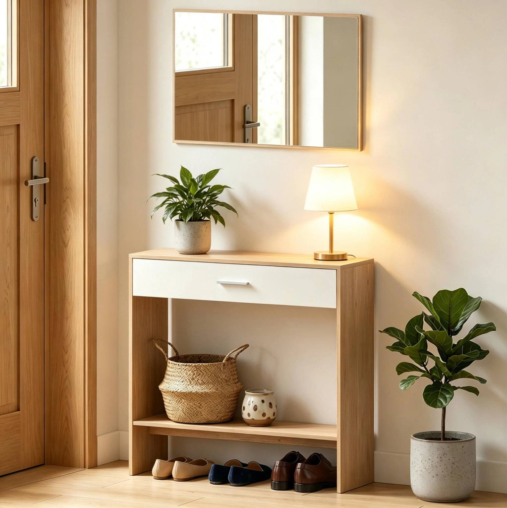 Consolle da ingresso con specchio da parete; cassetto e ripiano; MDF; naturale