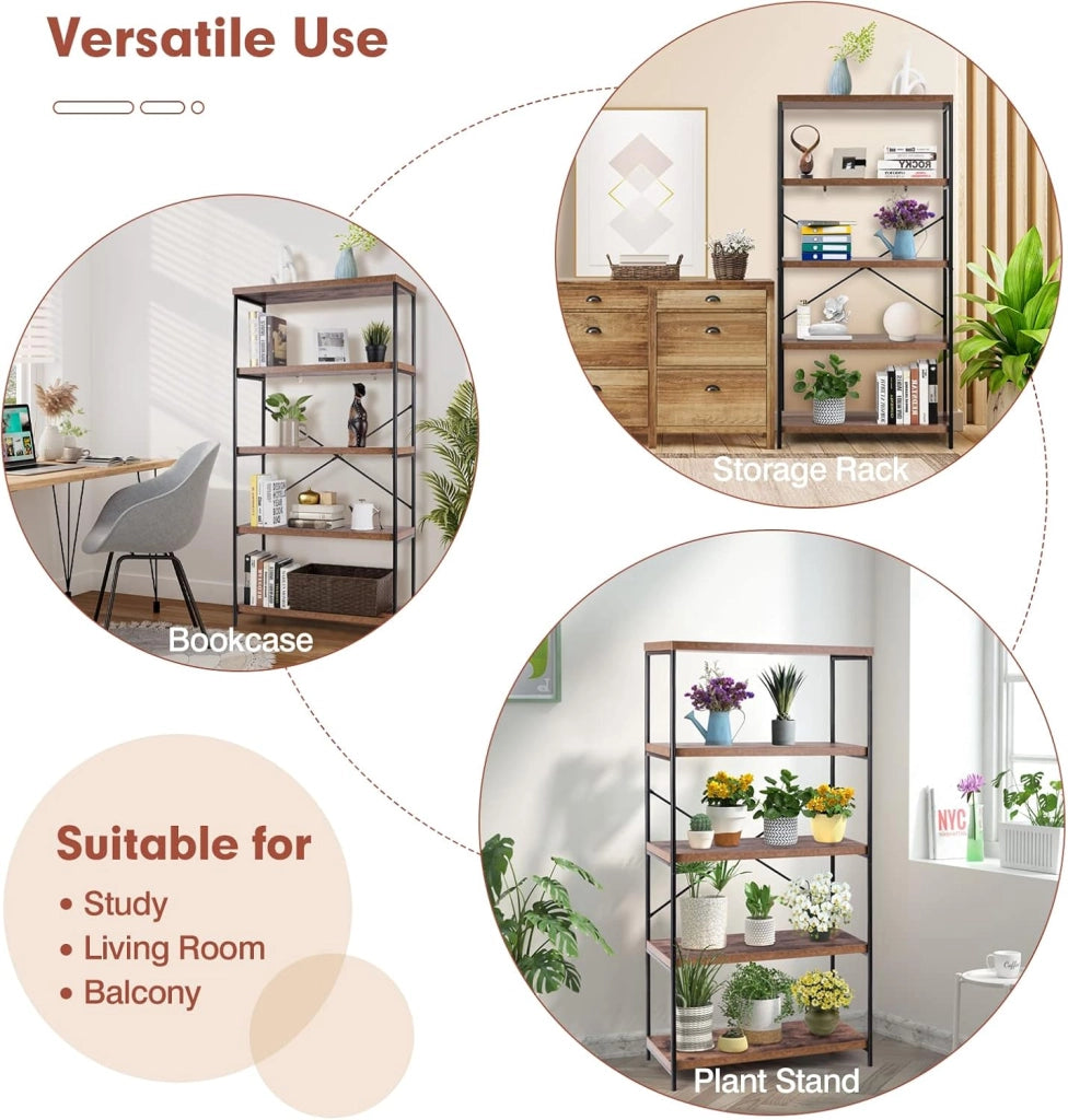 Scaffale Portaoggetti a 5 Livelli, Libreria Scaffale per Studio, Soggiorno, Ufficio, Stile Industriale,79 x 35 x 159,5cm