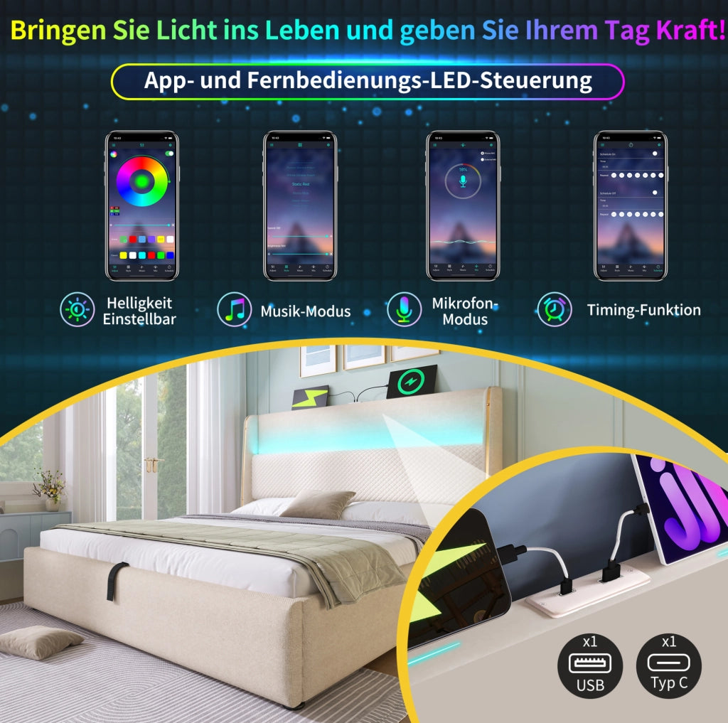 Letto matrimoniale singolo 90x200 cm con testiera alta; LED; USB Type-C; contenitore e materasso beige