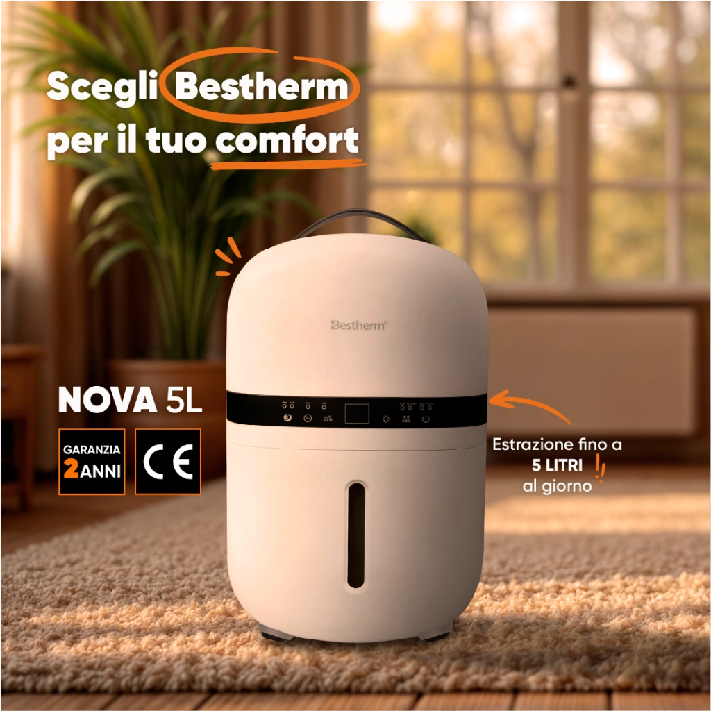 Deumidificatore d'aria Besthem Nova 5L/giorno, serbatoio rimovibile, filtro a carbone attivo