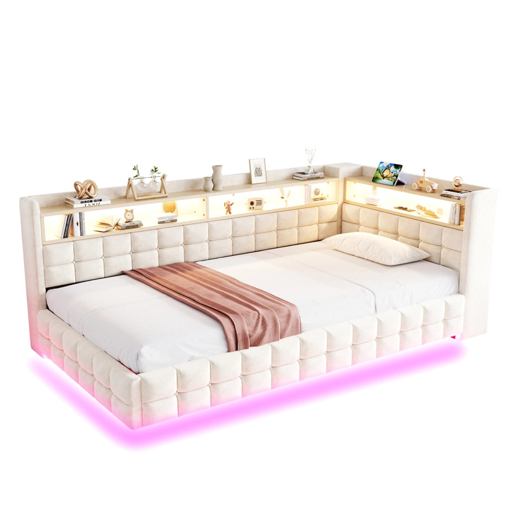 Divano letto imbottito 90x200 cm in velluto beige con contenitore idraulico; LED e prese USB/Type-C