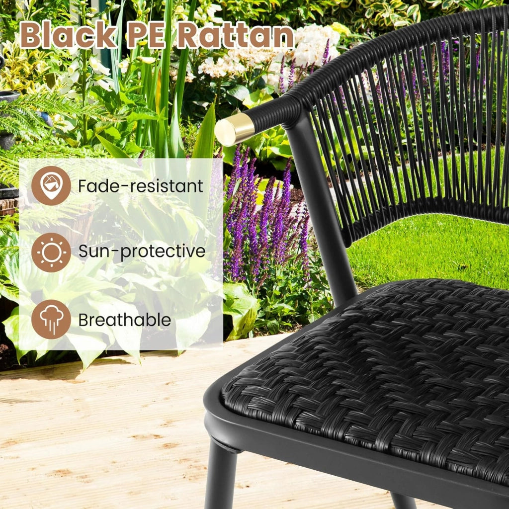 Set di mobili da giardino 3 pezzi, set da bistrot in rattan, 2 sedie imbottite e tavolino da caffè con piano in vetro temperato, per terrazza, patio, balcone, colore nero