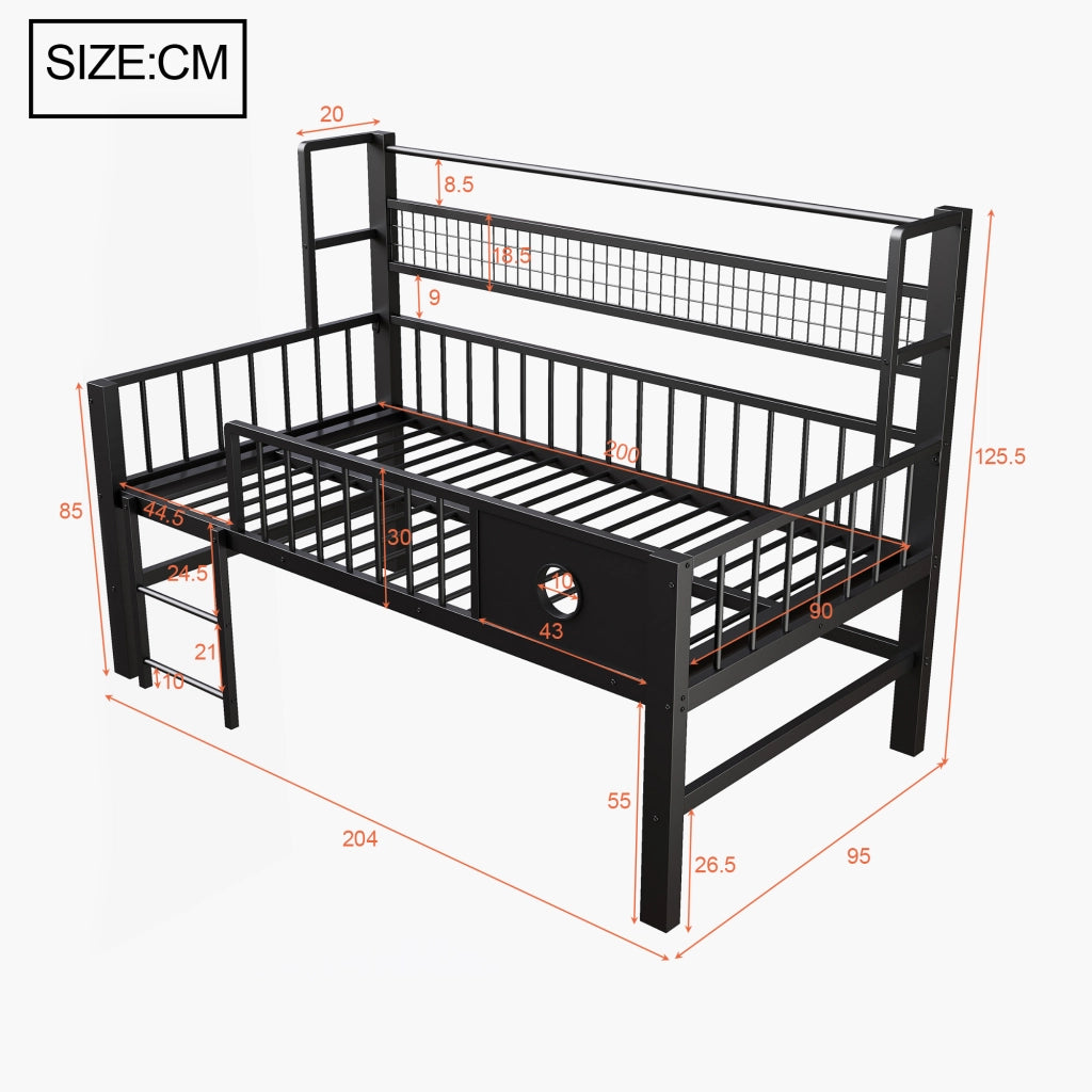 Letto a castello basso per bambini 90x200 cm con struttura in metallo, sbarre di sicurezza, appendiabiti e ripiano in rete, Nero