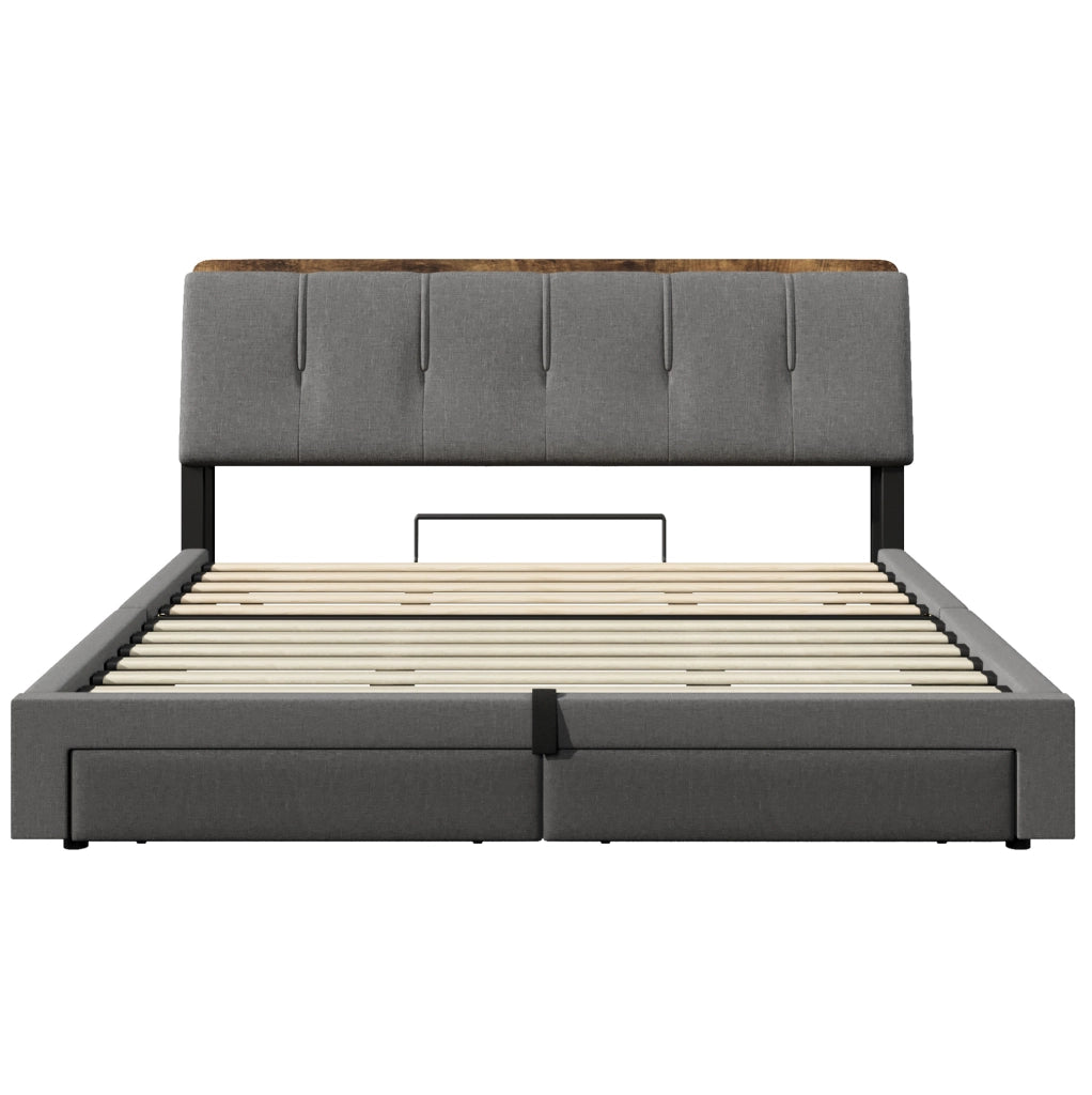 Letto matrimoniale imbottito 180x200 cm in lino grigio con contenitore; USB e LED