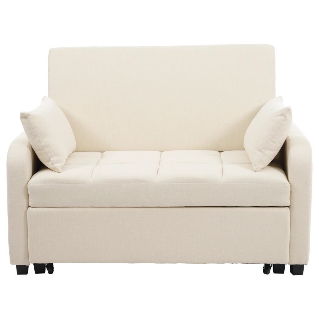 OKWISH Divano Letto 2 Posti, Schienale Regolabile in 3 Posizioni con 2 Cuscini, Meccanismo Scorrevole, Lino Cotone, Beige