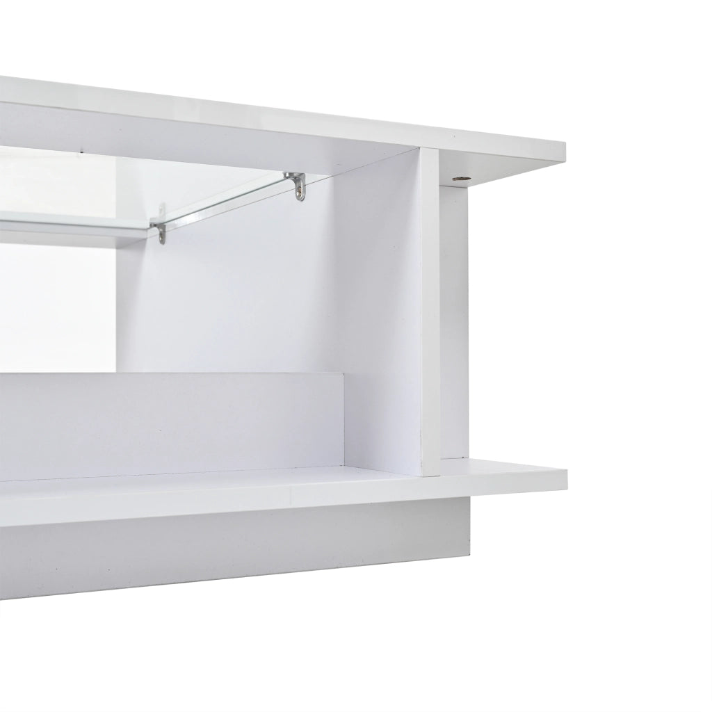 Tavolino basso quadrato con LED, 2 vani aperti e ripiani laterali, in truciolato e vetro, bianco, 70 × 70 × 30 cm