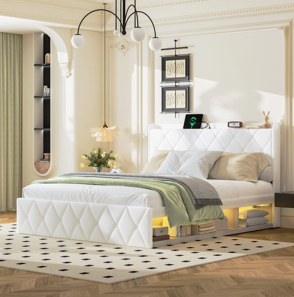 Letto 160x200 cm con ricarica USB e LED in teddy bianco