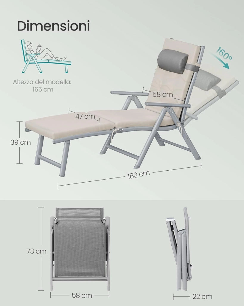SONGMICS Lettino Prendisole, Pieghevole, Sedia a Sdraio con Materassino da 6 cm, Poggiatesta Rimovibile, Traspirante, Schienale Regolabile, Portata Fino a 150 kg, Beige Sabbia GCB024WZ02
