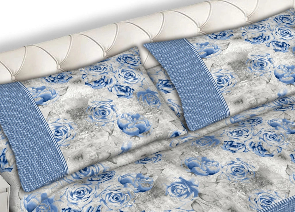 Completo Lenzuola Letto Matrimoniale 100% Cotone Made Italy Dis. Sonia CN - 2 Piazze - Azzurro