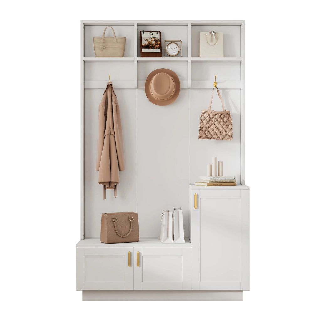 OKWISH Mobile da Ingresso con Panca Scarpiera, 3 Ganci, Vani Aperti e Ripiano Regolabile, Bianco, 120 x 40 x 200 cm