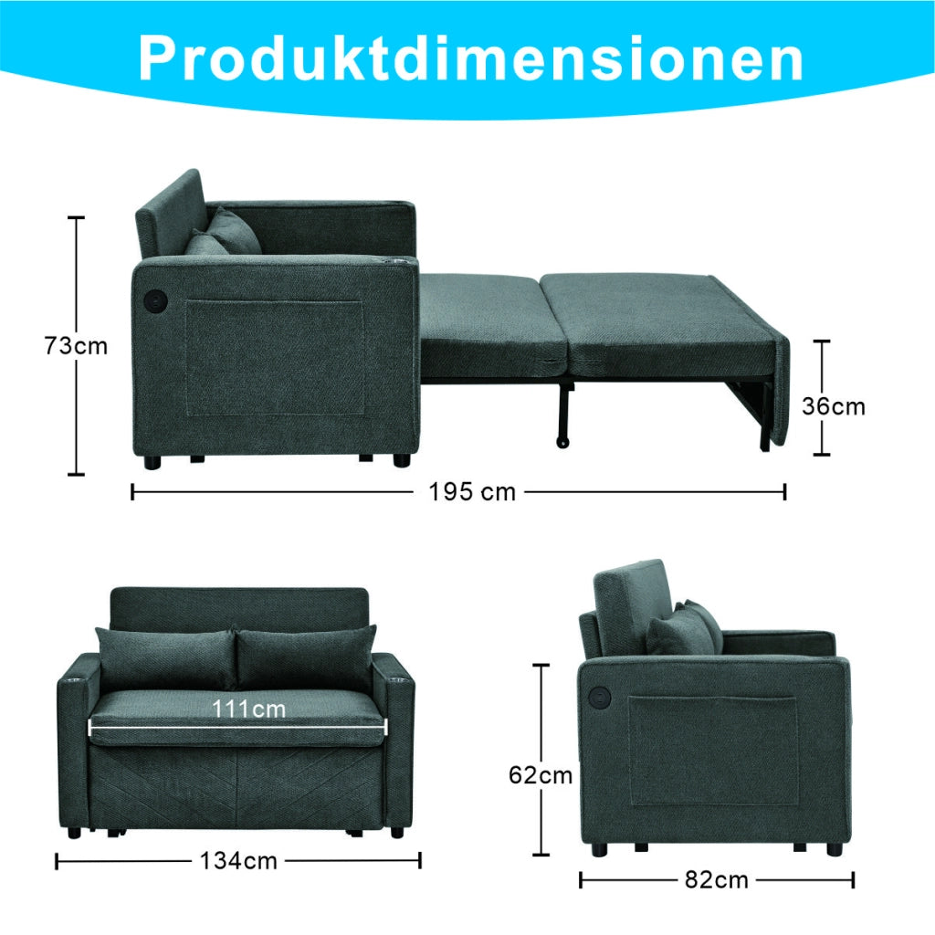 Divano letto 3 in 1 con sistema scorrevole e porte USB in legno e tessuto grigio scuro 195 × 134 × 73 cm