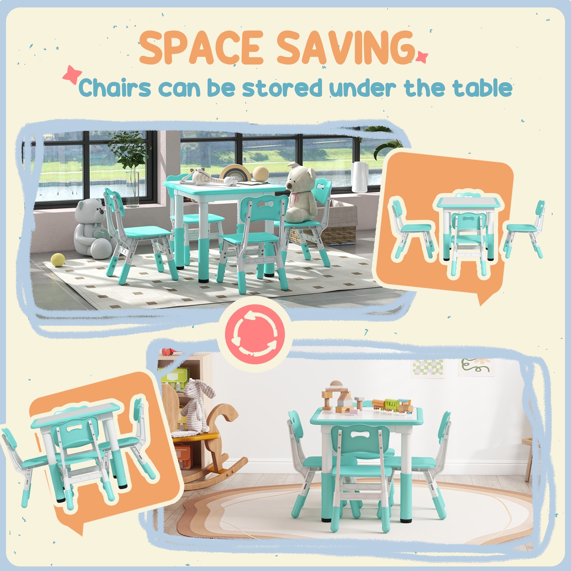 Set Tavolo con 4 Sedie per Bambini Altezza Regolabile Verde