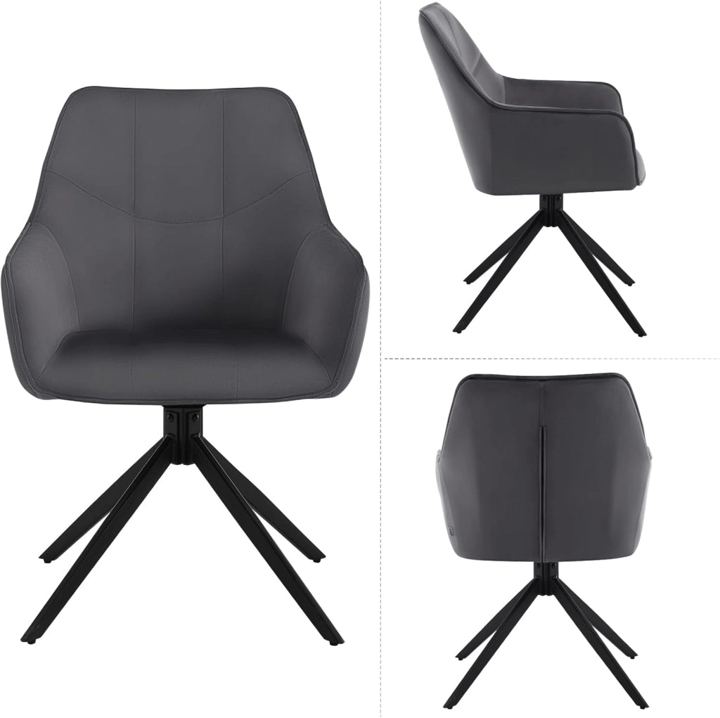 Sedia da Pranzo con Braccioli, Poltroncina con Gambe in Metallo, Sedia da Cucina con Schienale e Seduta Girevole, per Salotto, Studio, in Velluto, Grigio Scuro, EZS09dgr-1