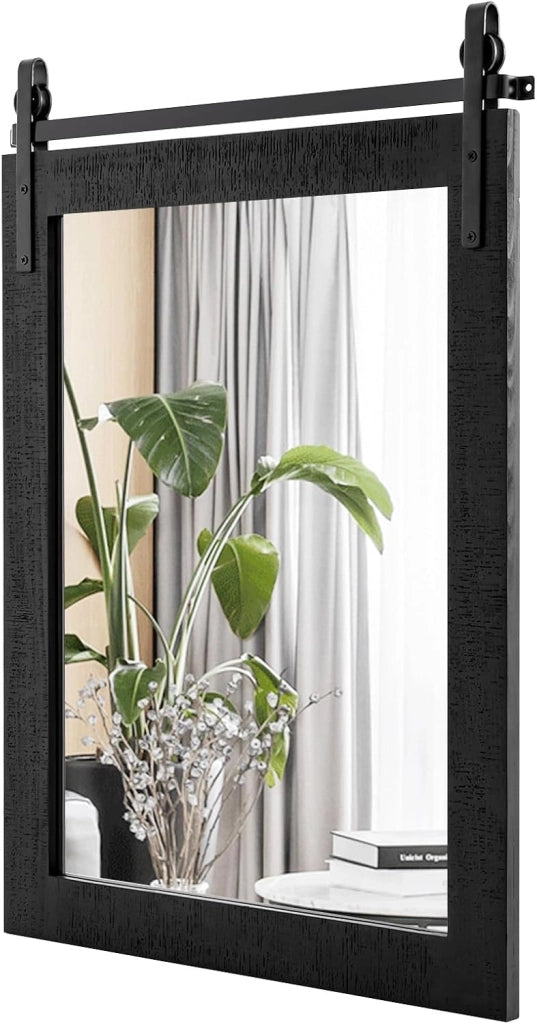 Specchio da Parete 76,5 x 56 cm, Specchio Rettangolare con Cornice in Legno e Staffa in Metallo, Specchio da Bagno Corridoio Soggiorno, Bianco (Nero)