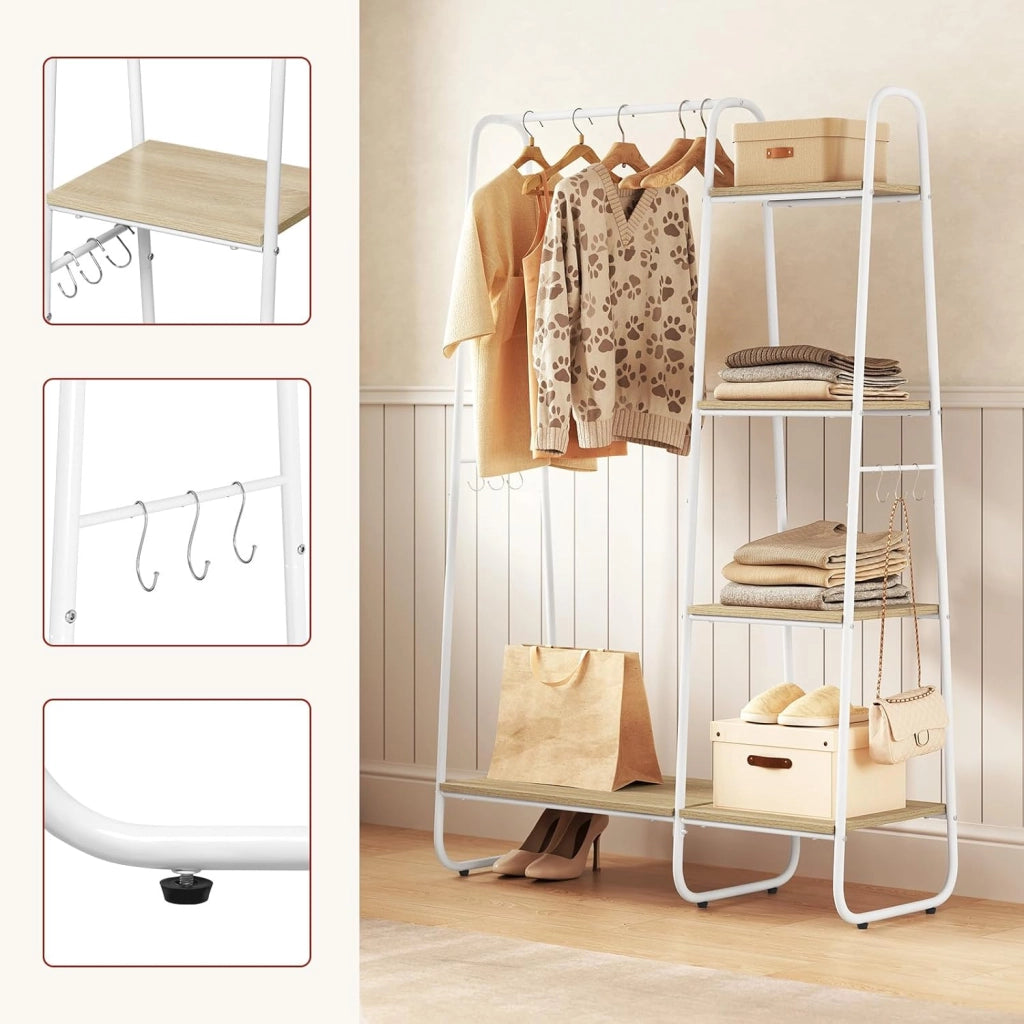 Stand Appendiabiti con Barra, Armadio Aperto con Scarpiera, 4 Ripiani, 6 Ganci Rimovibili, per Camera da Letto, Ingresso, 100x40x152 cm, in Metallo e Legno, Rovere Chiaro + Bianco