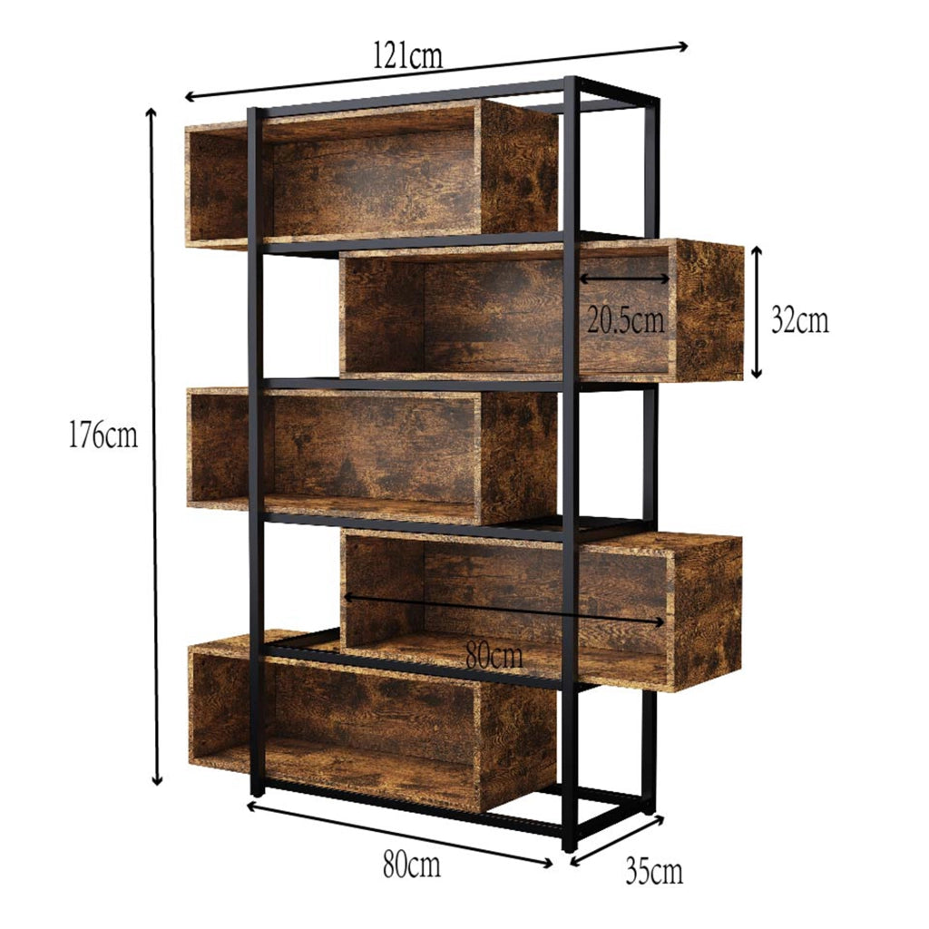 Libreria a 5 ripiani in MDF marrone e nero 121x35x176 cm con sistema antiribaltamento