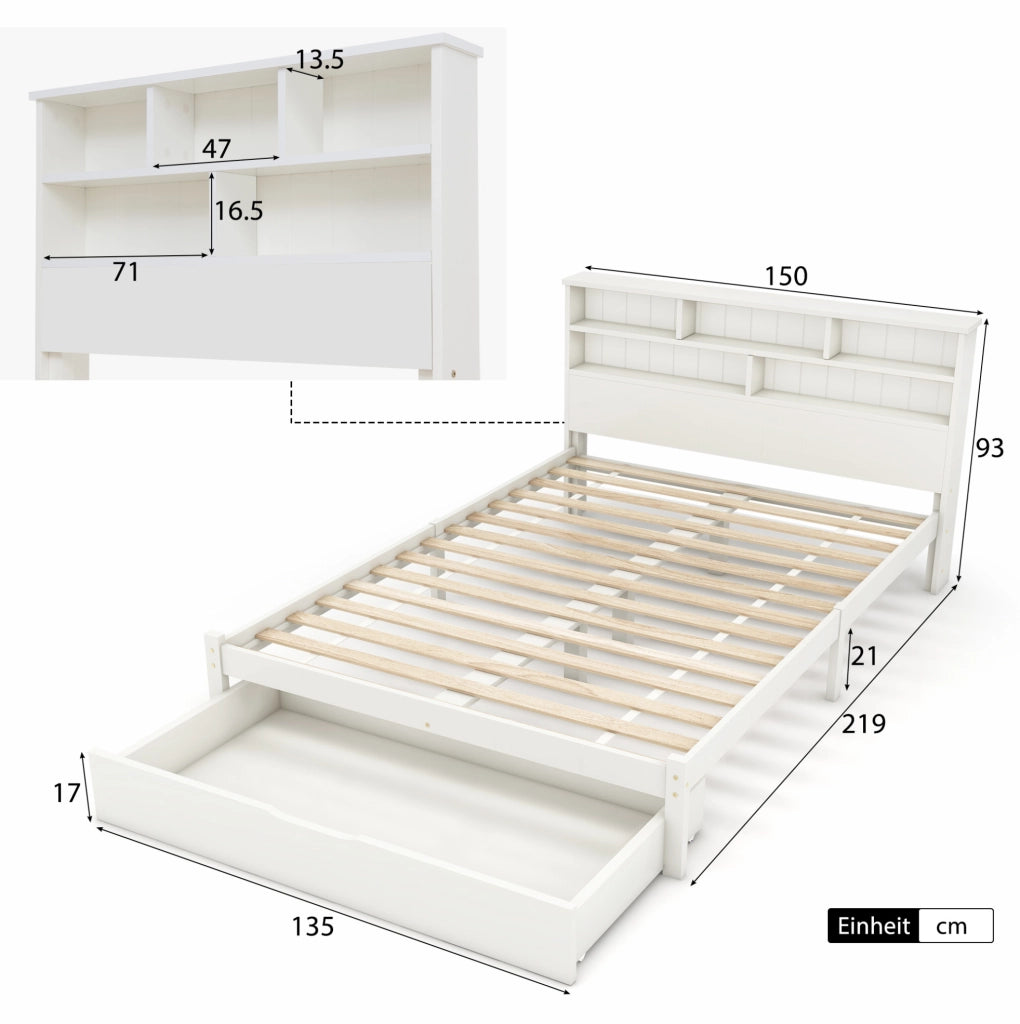 Letto singolo matrimoniale 140x200 cm con testiera a libreria; 2 cassetti; bianco