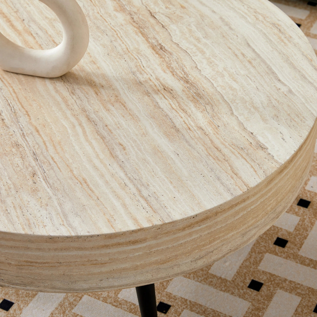 TAVOLINO DA CAFFÈ Rotondo 70 cm MDF effetto travertino chiaro, gambe nere
