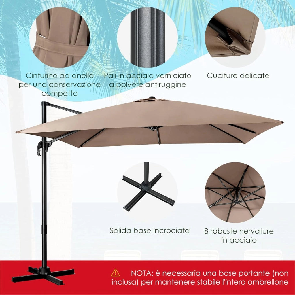 Ombrellone da Giardino 300 x 300cm | 3 Inclinazioni, Rotazione 360°, Manovella, 8 Stecche, Base Incrociata per Esterno (Caffè, 300 x 300 x 273 cm)