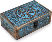 Cassa di conservazione in legno di mango blu con incisione di albero della vita - Fatta a mano - Uomo e donna - Arredamento domestico - Cassa decorativa in legno