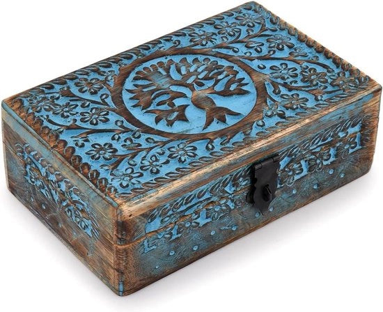 Cassa di conservazione in legno di mango blu con incisione di albero della vita - Fatta a mano - Uomo e donna - Arredamento domestico - Cassa decorativa in legno