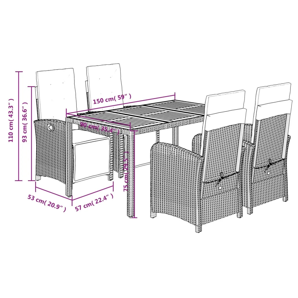 Set da Pranzo da Giardino 5 pz Nero con Cuscini in Polyrattan 3212470
