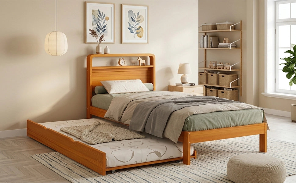 Letto estraibile 90 × 200 cm con letto ospite 90 × 190 cm, montaggio a sinistra o destra, senza materasso, in legno naturale