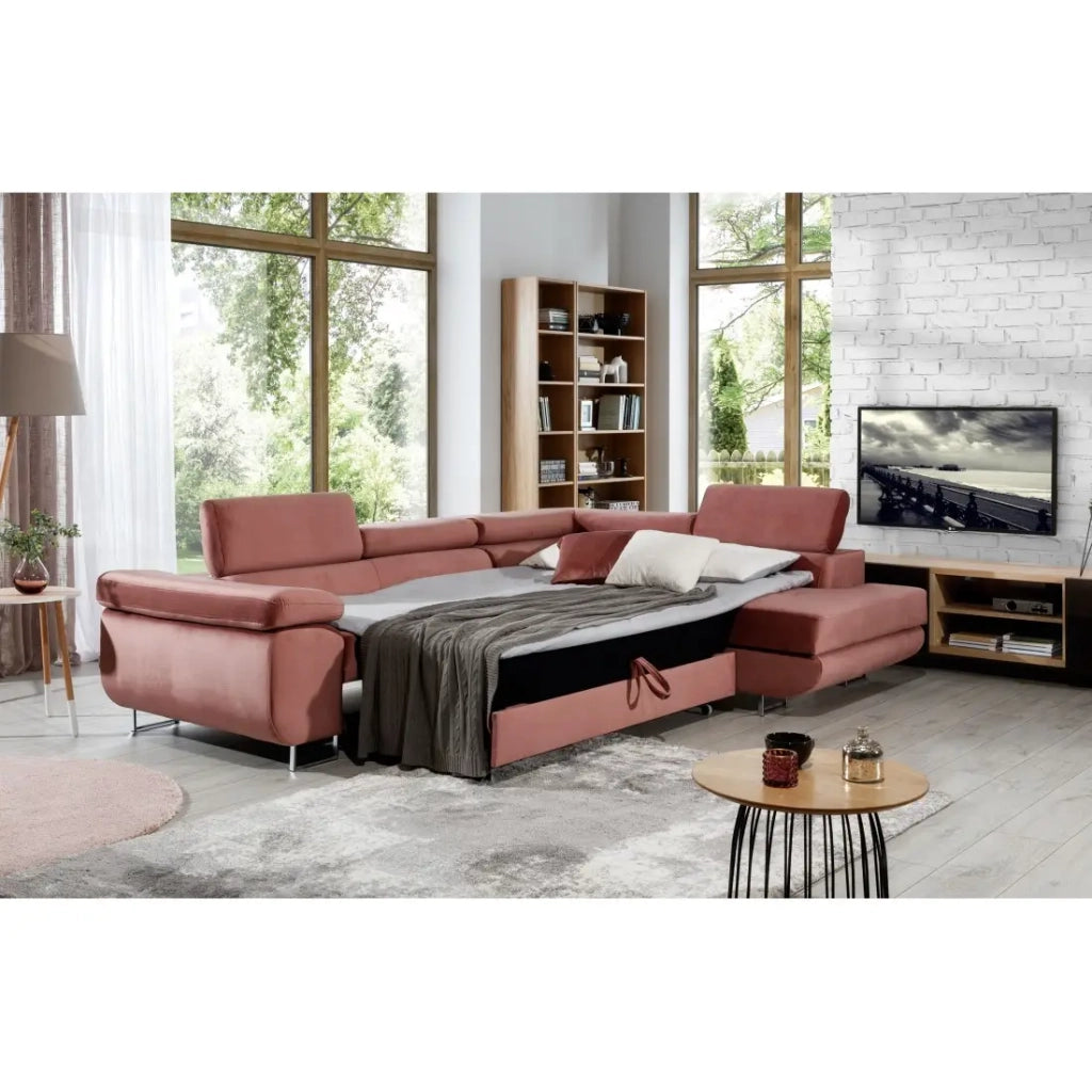 Divano ad angolo convertibile MENTON in velluto rosa - Angolo destro con contenitore