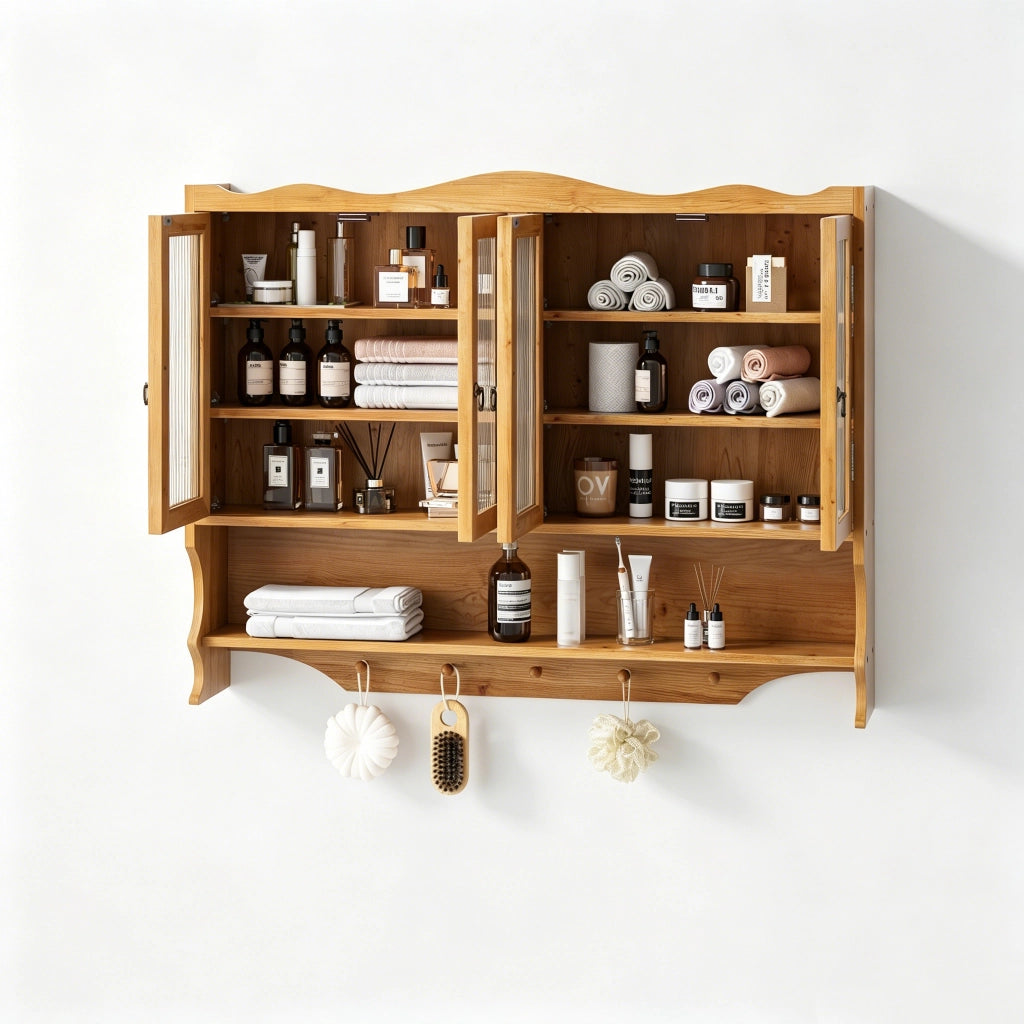 Mobile da parete in legno massello e vetro, 4 ante, 100 x 20 x 80 cm, colore naturale