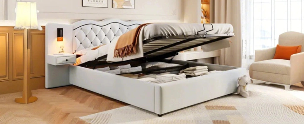 DESMIU Letto Contenitore 2 Posti con USB, 2 Luci da Lettura e Vano Contenitore 180 × 200 cm, Senza Materasso
