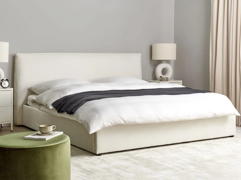Letto con rivestimento in velluto bianco sporco UE King Size 180x200cm Grande testata classica contenitore Doghe in legno