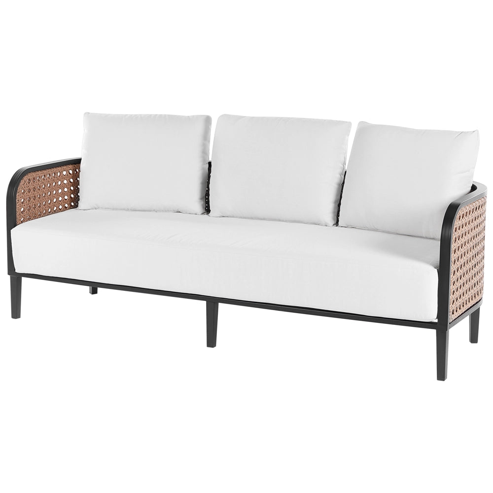 Divano da giardino a 3 posti in metallo e alluminio con spessi cuscini idrorepellenti bianco sporco esterno patio stile moderno