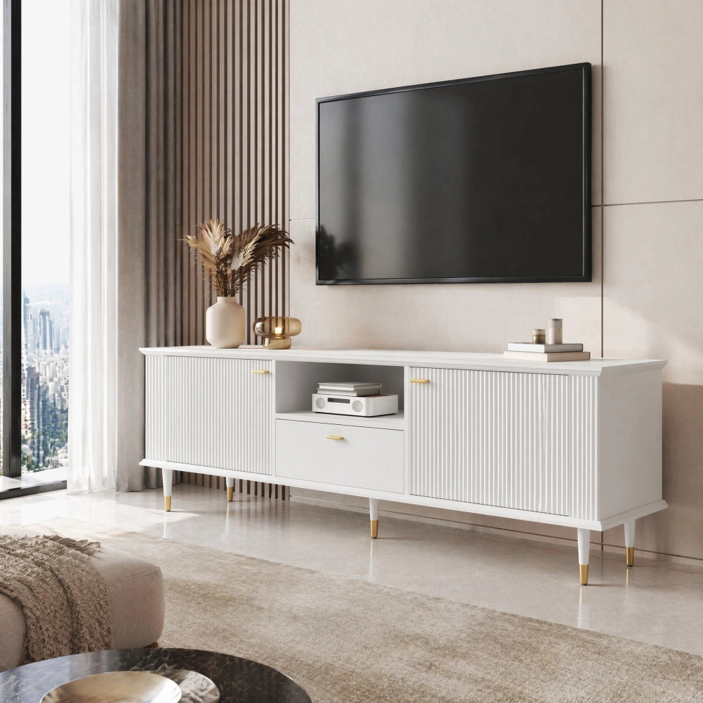 Mobile porta TV con 2 ante 1 vano aperto e 1 cassetto con passacavi per soggiorno in MDF bianco 170 × 36 × 54 cm