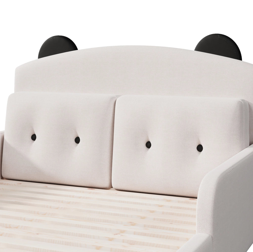 Letto a piattaforma 140x200 cm con testiera imbottita a forma di orso; in lino; bianco