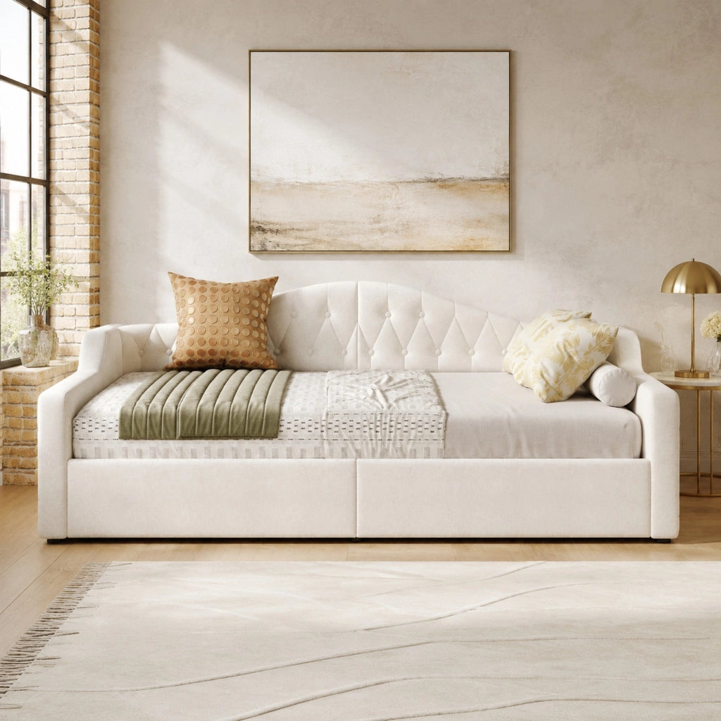 Letto da giorno imbottito 140x200 cm con LED e contenitore beige