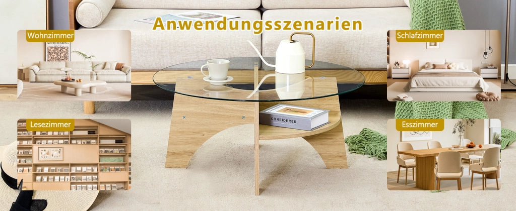 TAVOLINO DA CAFFÈ Rotondo Ø 80 x 36 cm Vetro Trasparente MDF Effetto Legno