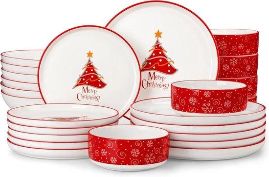 Servizi di Natale - Set di servizi di Natale - Porcellana - Servizi per Natale - Set di tovaglia da tavola - Decorazione di tavola per Natale - Servizi da tavola festivi - Tavola di Natale - Set di servizi bianco rosso - Servizi da tavola da pranzo