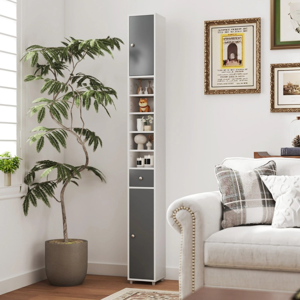 Mobile colonna da bagno con 2 ante 1 cassetto e 5 ripiani regolabili-Colonna bagno da terra salvaspazio Grigio e Bianco