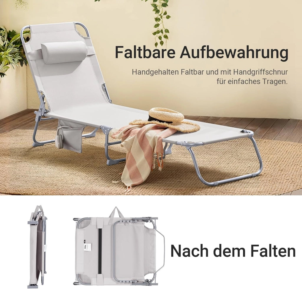 Sdraio da Giardino Reclinabile Lettino Prendisole con Cuscino e Tasca Laterale Sedia Sdraio da Esterno per Patio Campeggio Spiaggia Sdraio Pieghevole da Giardino Beige 155x56x81cm OGS35-MI